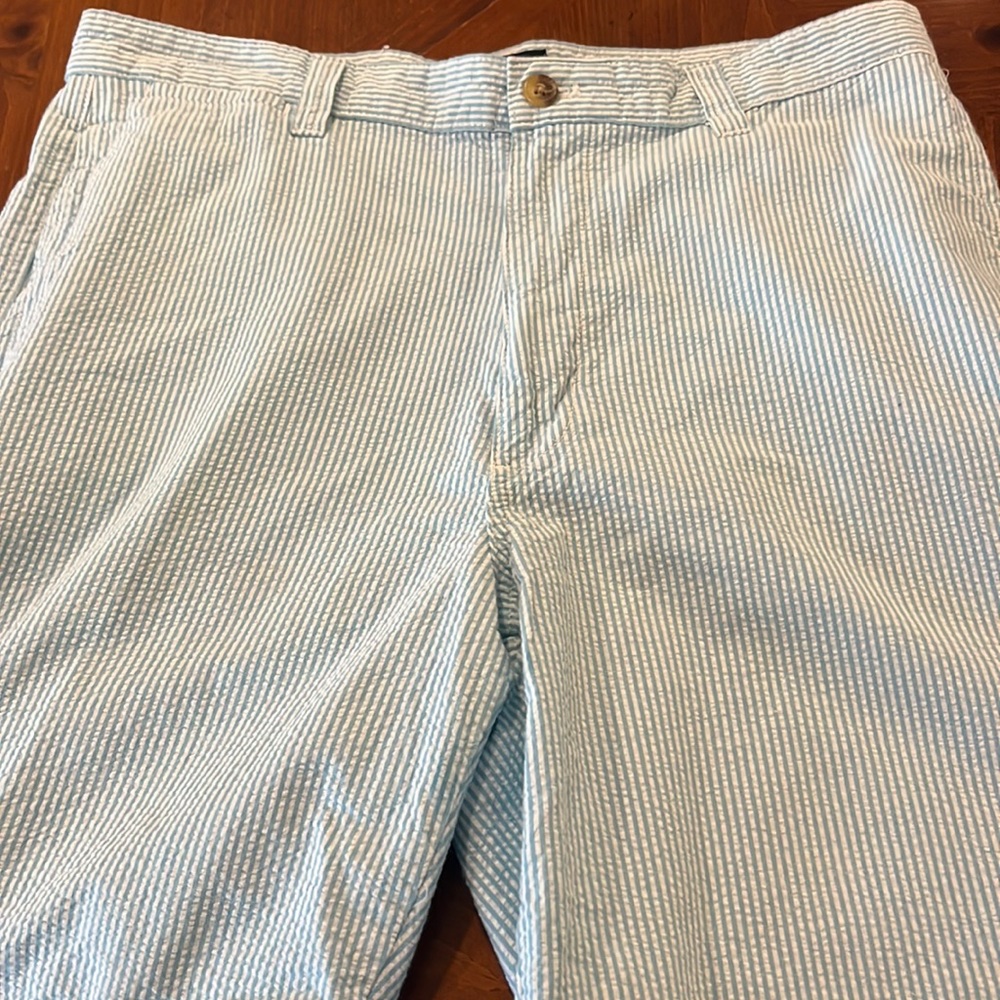 Seafoam green and white searsucker shorts